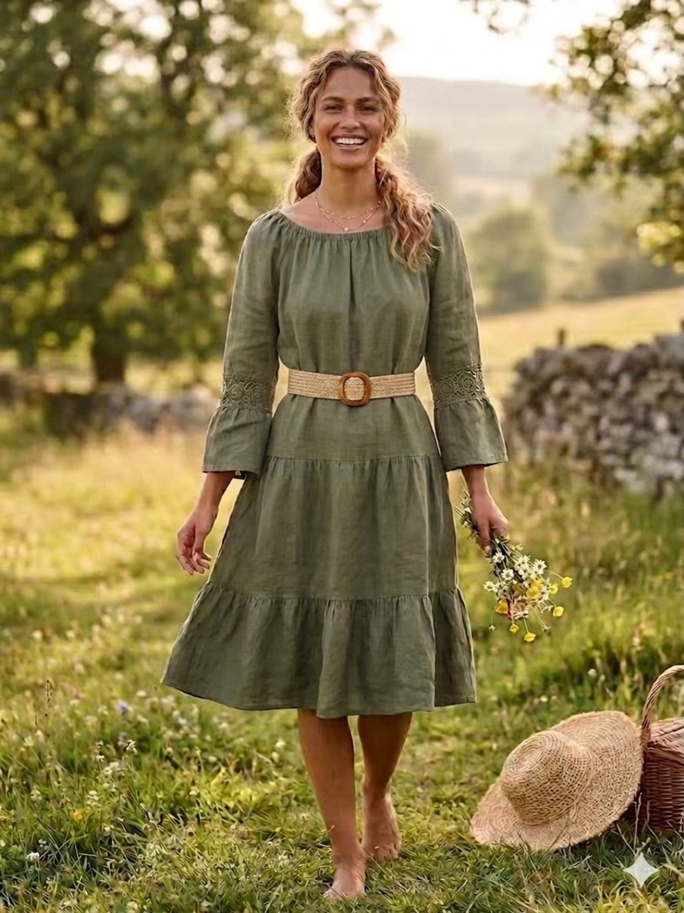 Terzo Millennio Olive Green 100%Linen Tiered Boho Dress Crochet Lace Trim- S EUC